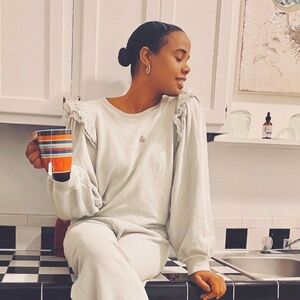 THE GREAT. Eyelet Pleat Sleeve Ruffle Sweatshirt in Prairie Floral Blue Sz:0/XS